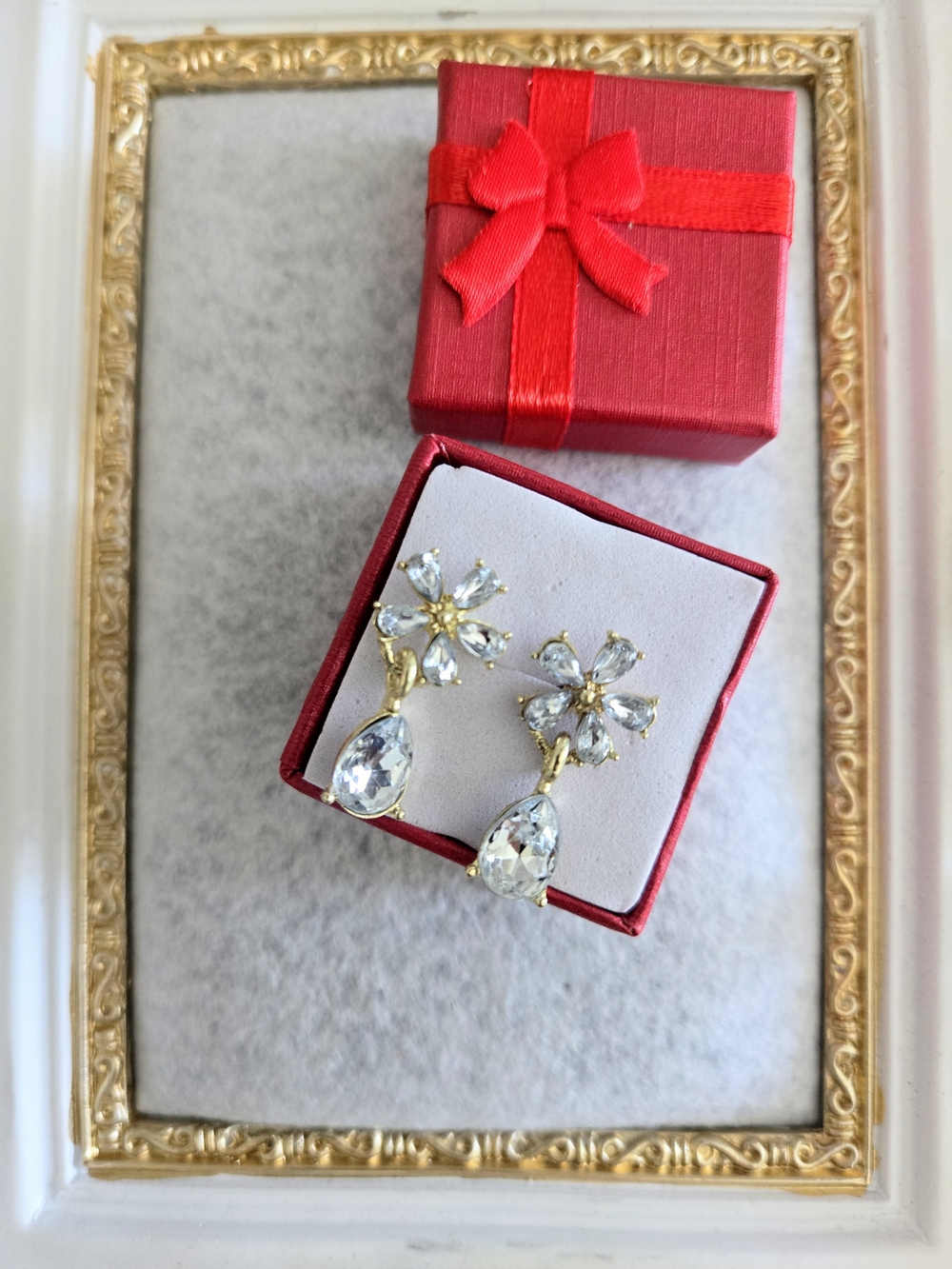 Elegant Gold Crystal Drop Flower Earrings Studs